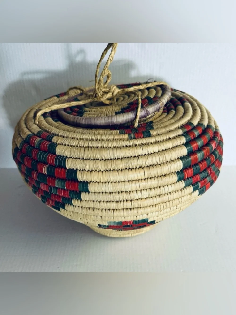 Vintage Handwoven Natural Grass Storage Basket with Red & Green Accents